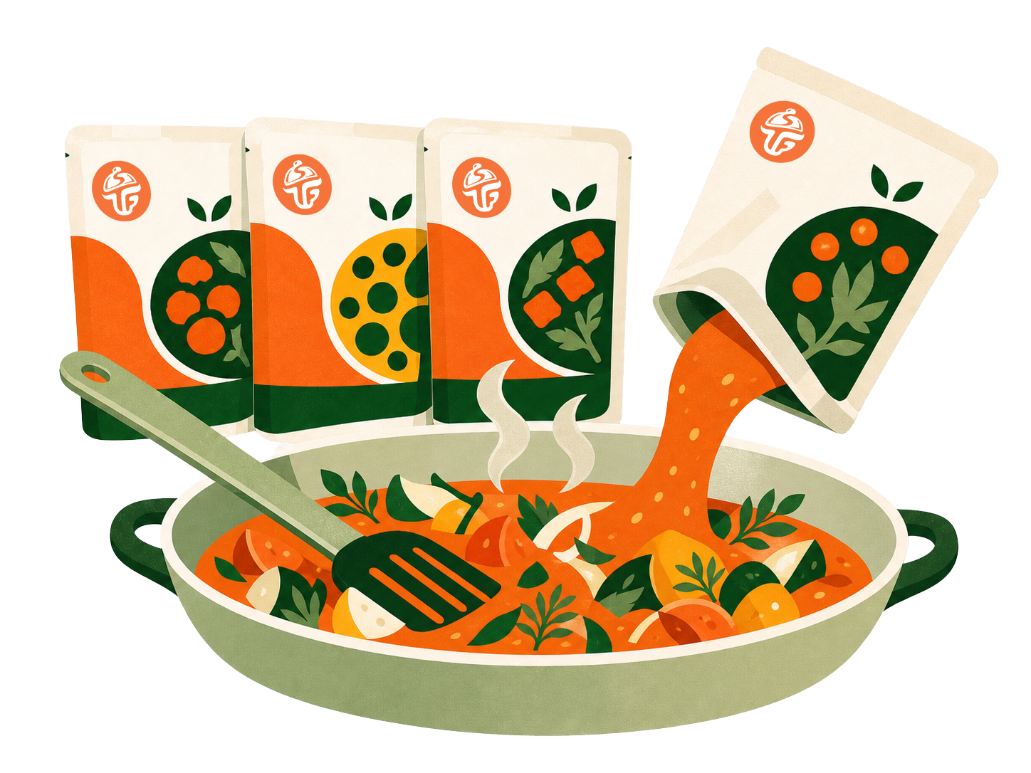 Tastie Foods restaurant sauce packages being used in a cooking pan