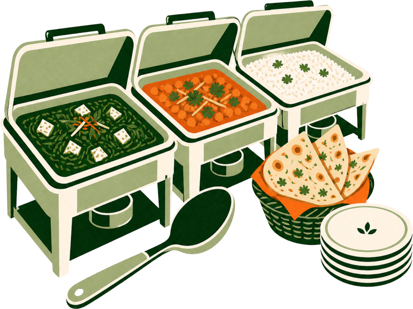 Vegetarian Indian catering buffet with curries, rice and naan